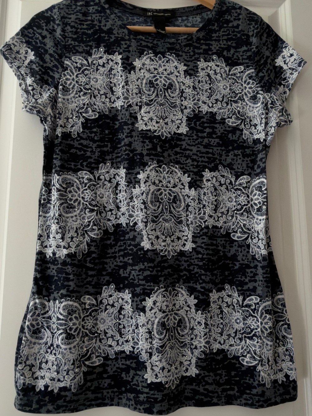 INC International Concepts Navy Top with White Lace-Print